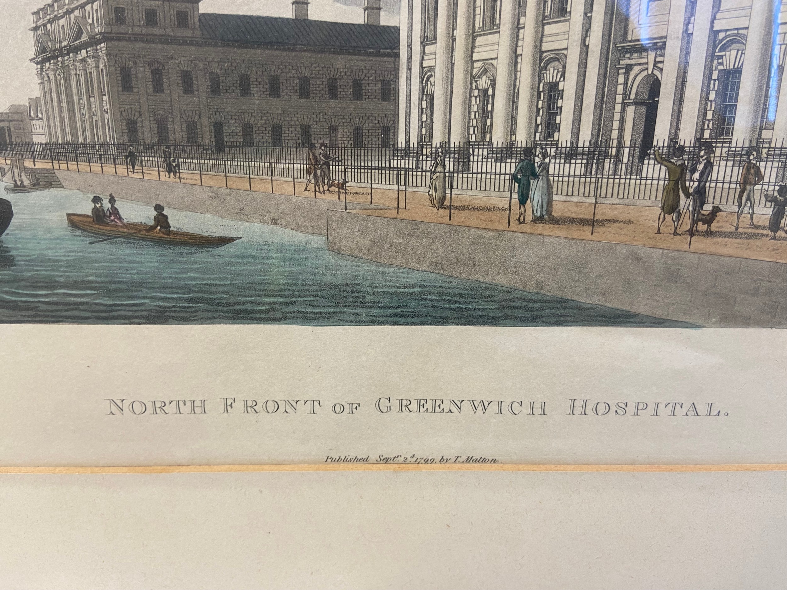 A set of three 18th century hand coloured engravings, Greenwich Hospital, published by T Malton Sept - Image 3 of 4