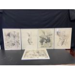 A set of five vintage framed and glazed Ronald Searle cartoons. 41x53cm.