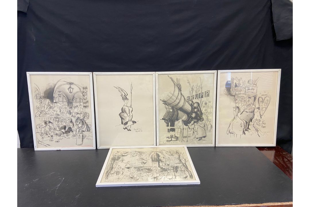A set of five vintage framed and glazed Ronald Searle cartoons. 41x53cm. - Image 1 of 7