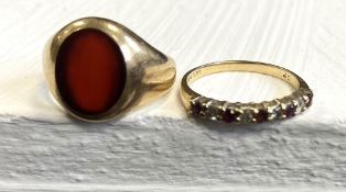 A 9ct diamond and ruby ring (size L) and a carnelian agate signet ring (size K) 7g gross