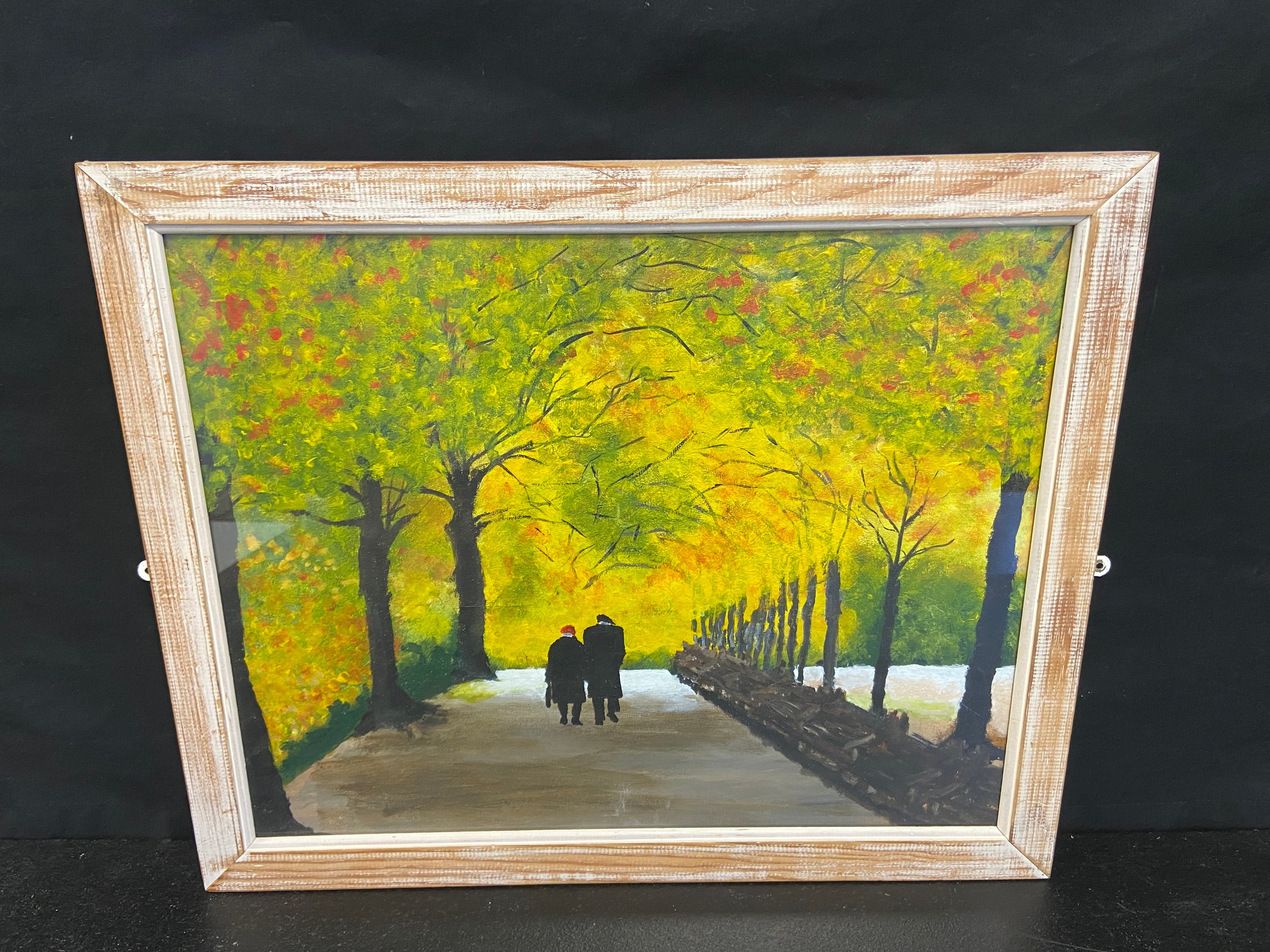 A framed and glazed pastel; a couple on a path, label to reverse. 56x46cm. - Image 2 of 3