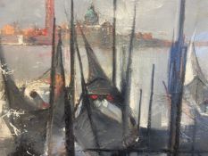 A mid 20th century oil on canvas, moored gondolas with a view of Venice, unframed. 101x77cm