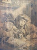After Quinten Massys, The Tax Collectors, a 19th century pyrography panel in heavy giltwood and