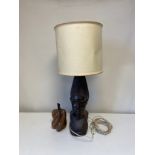 A treen lidded pear along with a carved hardwood African Tribal table lamp. H.64cm. (Lamp).