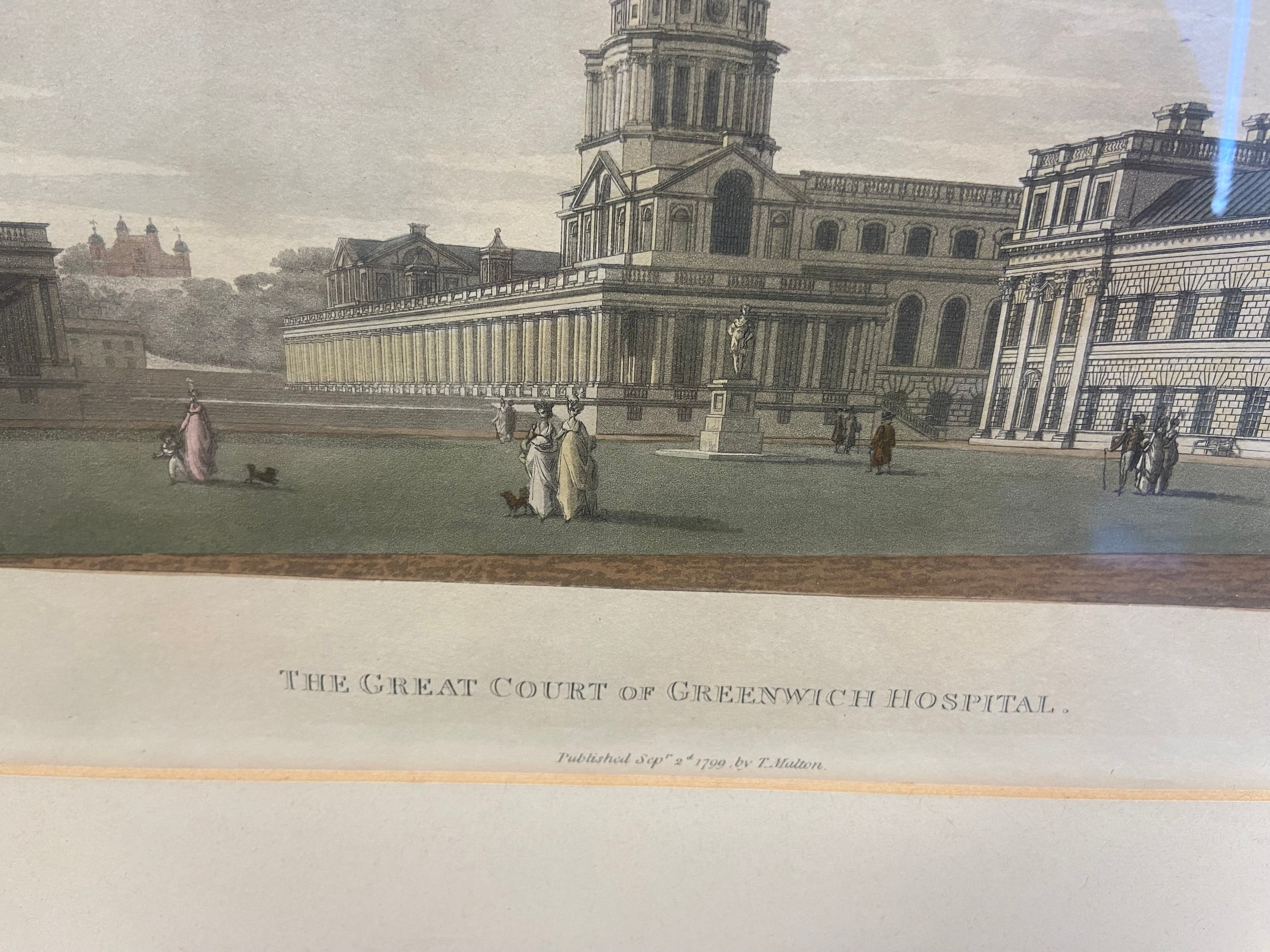 A set of three 18th century hand coloured engravings, Greenwich Hospital, published by T Malton Sept - Image 4 of 4