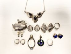 A collection of silver jewellery, five pairs of clip-on earrings (one clip missing) a three gabochon