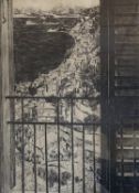 John Copley (1875-1950), etching, view from a balcony, signed, framed and glazed. 54x43cm