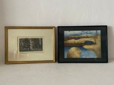 Two artworks to include a charcoal and watercolour study of a country house and garden along with