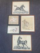 A pair of Chinese framed and glazed watercolour studies of horses, signed, along with three other