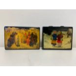 Two vintage Russian lacquered papier mache lidded boxes decorated with Fedoskino village scenes.