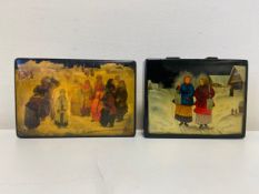 Two vintage Russian lacquered papier mache lidded boxes decorated with Fedoskino village scenes.