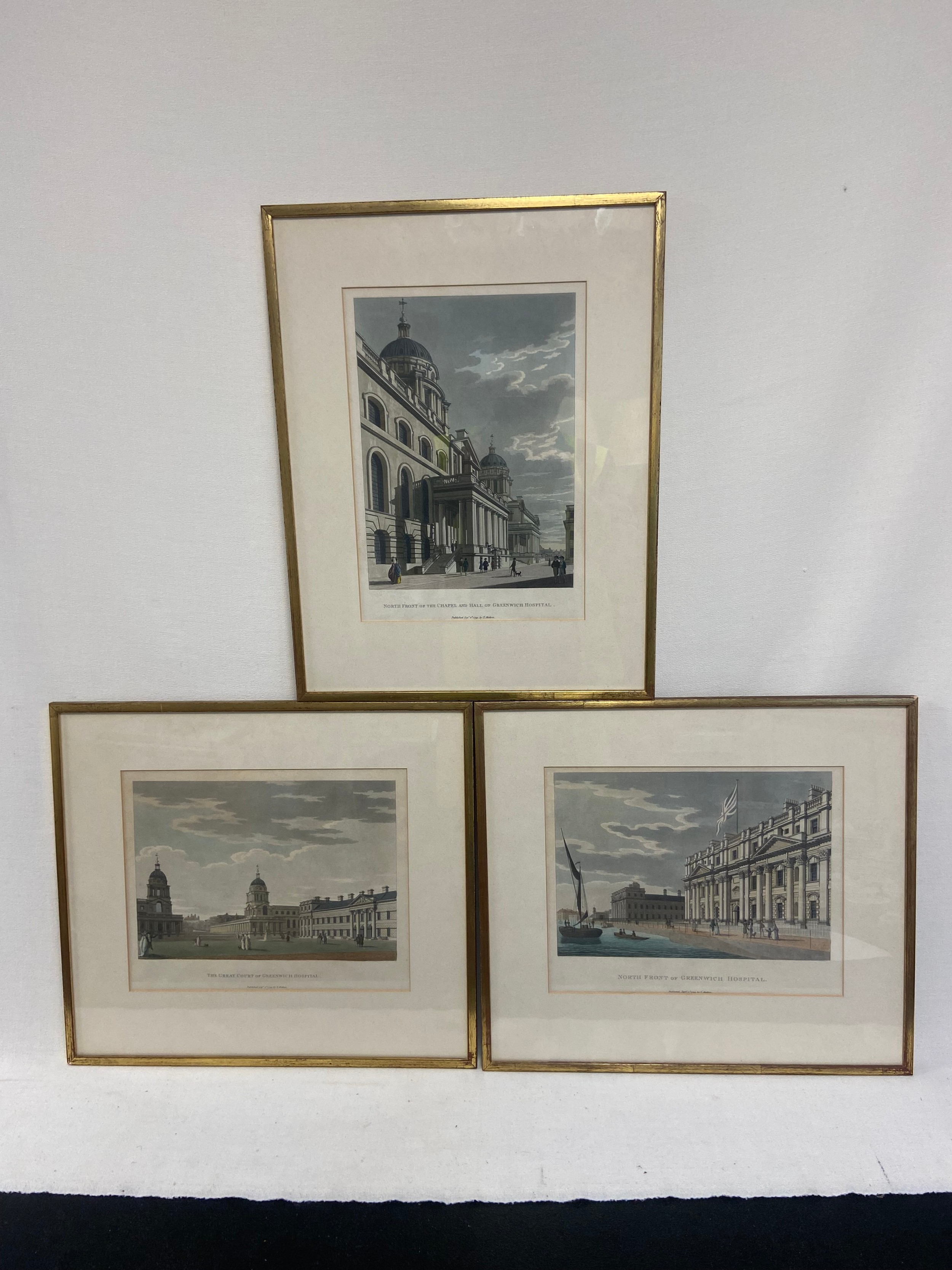 A set of three 18th century hand coloured engravings, Greenwich Hospital, published by T Malton Sept