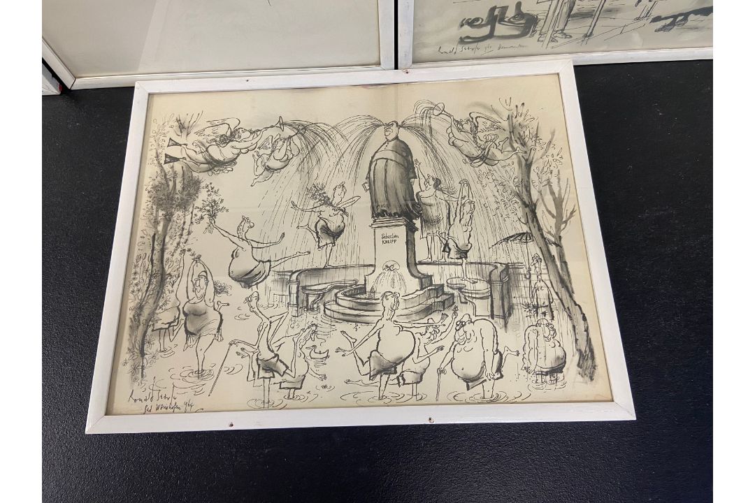 A set of five vintage framed and glazed Ronald Searle cartoons. 41x53cm. - Image 6 of 7