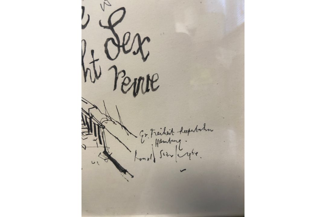 A set of five vintage framed and glazed Ronald Searle cartoons. 41x53cm. - Image 2 of 7
