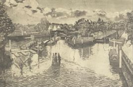 A 20th century limited edition etching with aquatint titled 'Teddington Lock', signed Marcus Gohar