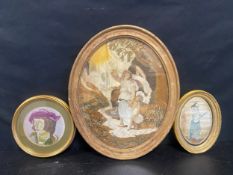 Three early 19th century tapestry panels worked in wools and silk, framed and glazed. 43cm x 35cm