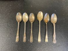 Six English hallmarked silver teaspoons, various marks. 67g