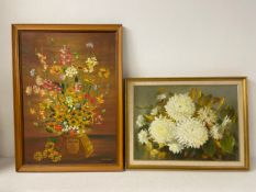 A contemporary still life oil on canvas, signed E. Krasner along with another still life titled '