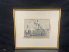 Norman Wilkinson (1878-1971), pencil drawing, figures on and around a docked ship, framed and