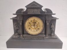 A late 19th century Ansonia slate mantel clock of Classical architectural form. H.38 W.46 D.16cm.