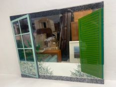 A 1980's Italian Great Rimadesio wall mirror with pictoral decoration to the plate. H.79 W.100cm.