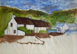 A contemporary watercolour study of rural cottages in a hilly landscape, framed and glazed. 26x34cm