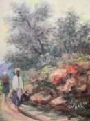 A 20th century oil on canvas, figures in a rural setting, signed to the lower right in a gilt frame.