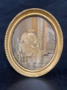 An early 19th century silkwork panel, Diana the Huntress seated with bow, framed and glazed H.41 x