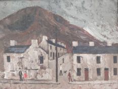 Jack Jones (1922-1993), oil on board, figures on a Welsh street, signed and dated '75. H.38.5 W.