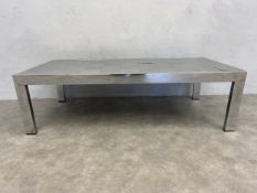 A 1970's Ross Littel coffee table, steel tiles on chrome base. H.33 W.110 D.40cm. (Some tiles