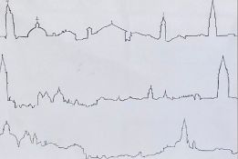 A contemporary ink and pen drawing on paper titled 'Venetian Heartlines' by William Mackesy in a