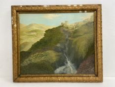 Continental school oil on board, castle on a rocky outcrop, signed and dated. 69x59cm.