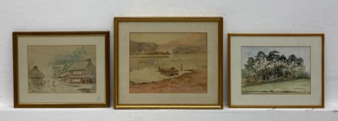 A 20th century Japanese watercolour depicting figures in a rural village setting by Nobuo Hayashi