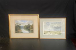 An English school riverscape, signed A Wright and a similar landscape, both framed and glazed. 50