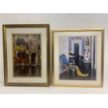 Two large contemporary framed and glazed prints, interior scene and a Venice canal, with labels to