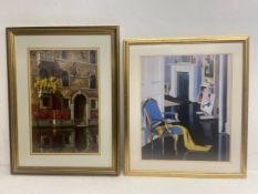 Two large contemporary framed and glazed prints, interior scene and a Venice canal, with labels to