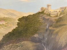 Continental school oil on board, castle on a rocky outcrop, signed and dated. 69x59cm.