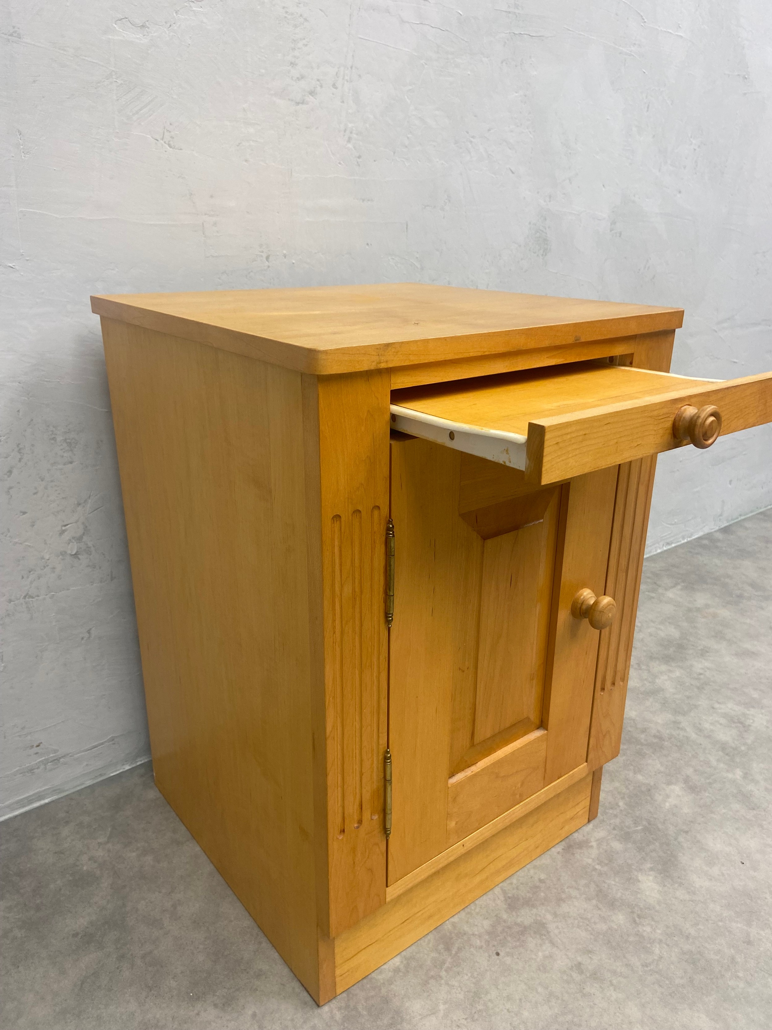 A pair of cotemporary maple bedside cabinets fitted with slides above panel doors. H.60 W.41 D.41cm. - Image 3 of 3