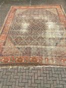 An Eastern palace carpet with geometric pattern across the field within foliate spandrels and