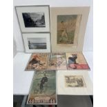An unframed 19th century print of the boxer James Ward, a Punch cartoon, a set of framed and