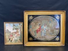 Two early 19th century tapestry panels worked in wools and silk, framed and glazed. (Largest 57cm