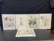 A set of five vintage framed and glazed prints; Ronald Searle cartoons. 41x53cm.