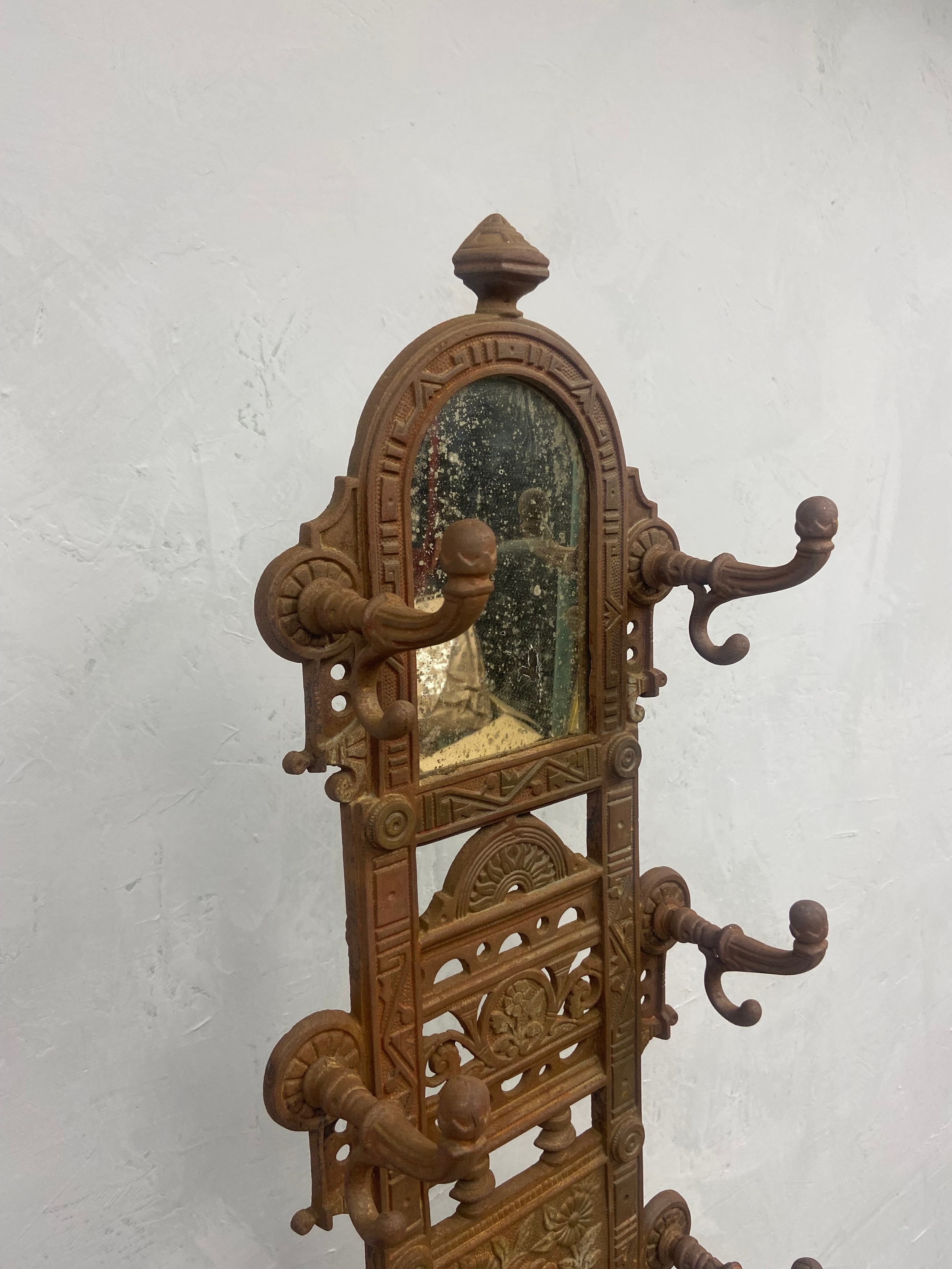 A Victorian cast iron hallstand fitted with mirror and marble shelf with foundry mark to the back. - Image 4 of 5