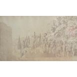 A C.1900 pencil drawing; Italian villa and gardens, framed and glazed. H.40 x 59cm