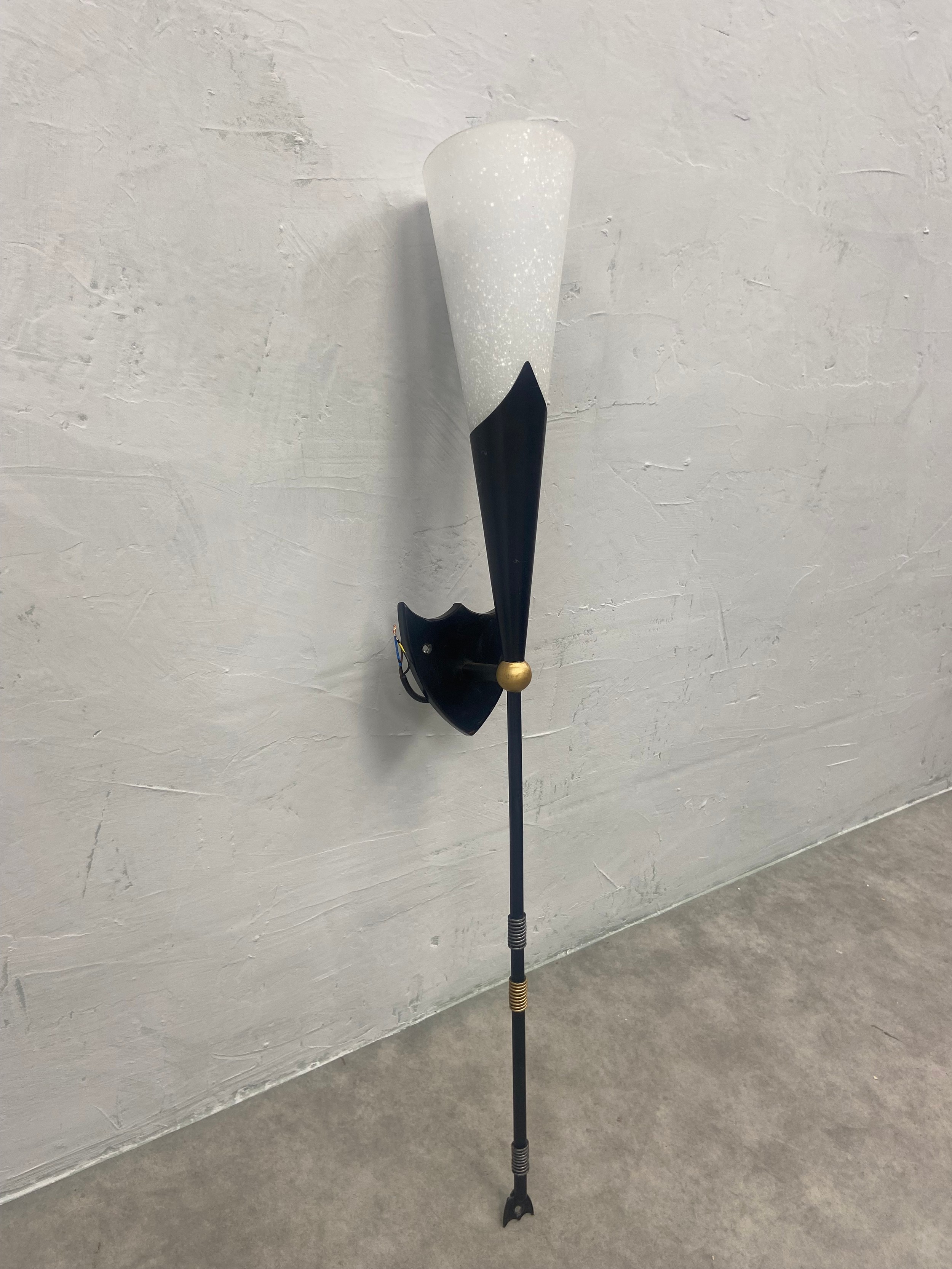 A set of five metal wall lights in the form of heraldic torches with 6 white glass Christopher Wray - Image 5 of 5
