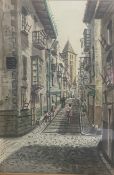 A framed and glazed ink and watercolour, Continental street scene with figures, signed G Molina H.