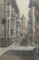 A framed and glazed ink and watercolour, Continental street scene with figures, signed G Molina H.