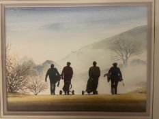 Robert Littleford (1940-2023), a watercolour; early morning golfers, signed, framed and glazed.