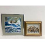 An acrylic on board, ship in a storm signed D Jackson and Continental impasto oil on canvas, boats