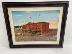 A large framed and glazed reproduction print of a late 19th century American tram depot. 101x81cm.